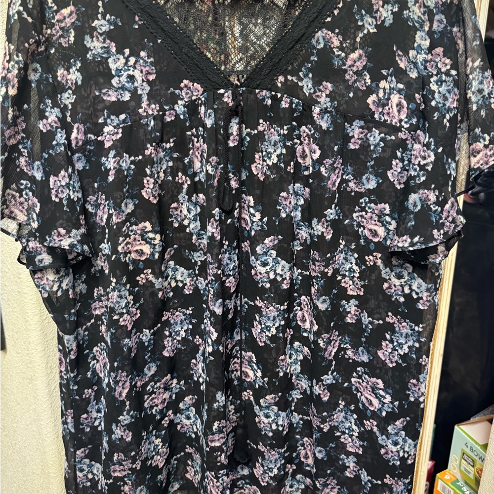 Torrid Black Floral Blouse with Lace Detail